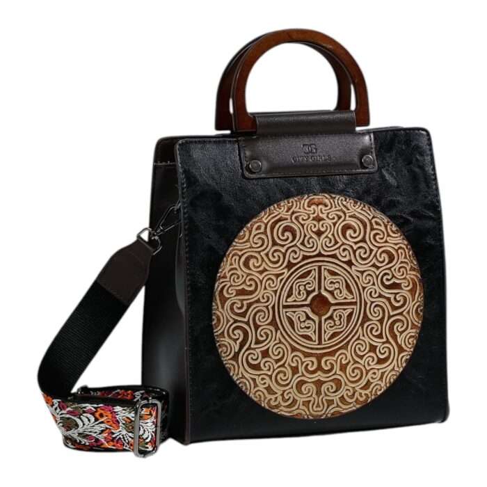 Designer Handbag, Vintage Embossed Pattern With Embroidered long Shoulder Strap